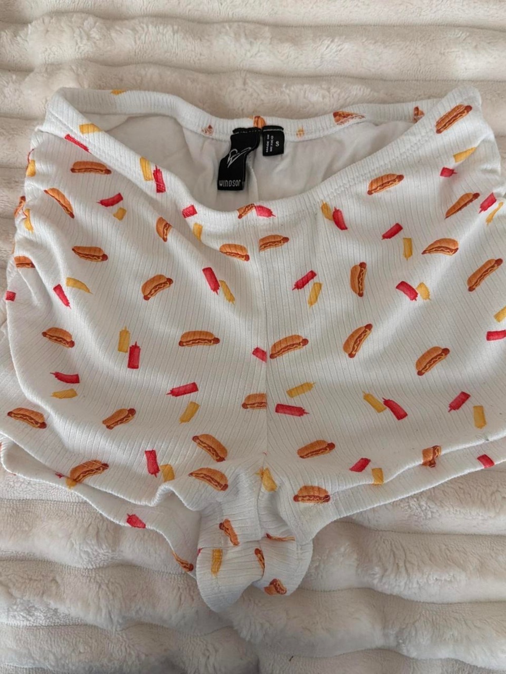 Windsor White Ribbed Lounge Shorts with Hot Dog & Fries Print
